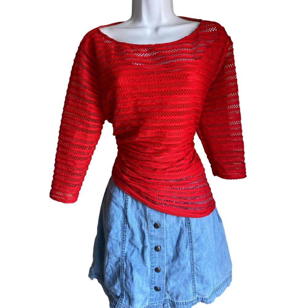Peck XL Red Striped Open Weave Mesh Shirt Asymmetric Lace Ruched Retro Blouse